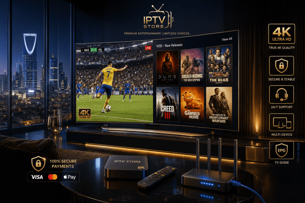 شاشة ذكية تعرض واجهة متجر IPTV احترافي في السعودية لبث المباريات والأفلام بدقة 4K بدون تقطيع.