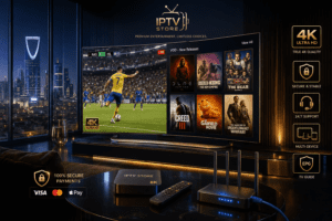 شاشة ذكية تعرض واجهة متجر IPTV احترافي في السعودية لبث المباريات والأفلام بدقة 4K بدون تقطيع.