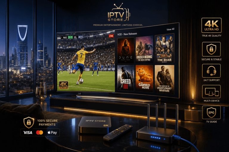 شاشة ذكية تعرض واجهة متجر IPTV احترافي في السعودية لبث المباريات والأفلام بدقة 4K بدون تقطيع.