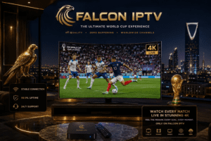 شاشة ذكية تعرض مباراة كأس العالم بدقة 4K عبر اشتراك فالكون IPTV في السعودية.