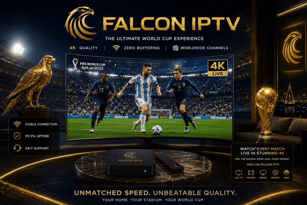 شاشة تلفزيون تعرض مباراة كأس العالم بدقة 4K مع جهاز استقبال Falcon IPTV، تجربة بث مباشر مستقرة وبدون تقطيع.