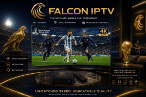شاشة تلفزيون تعرض مباراة كأس العالم بدقة 4K مع جهاز استقبال Falcon IPTV، تجربة بث مباشر مستقرة وبدون تقطيع.