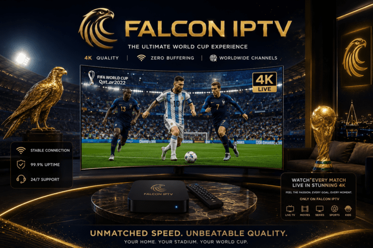 شاشة تلفزيون تعرض مباراة كأس العالم بدقة 4K مع جهاز استقبال Falcon IPTV، تجربة بث مباشر مستقرة وبدون تقطيع.