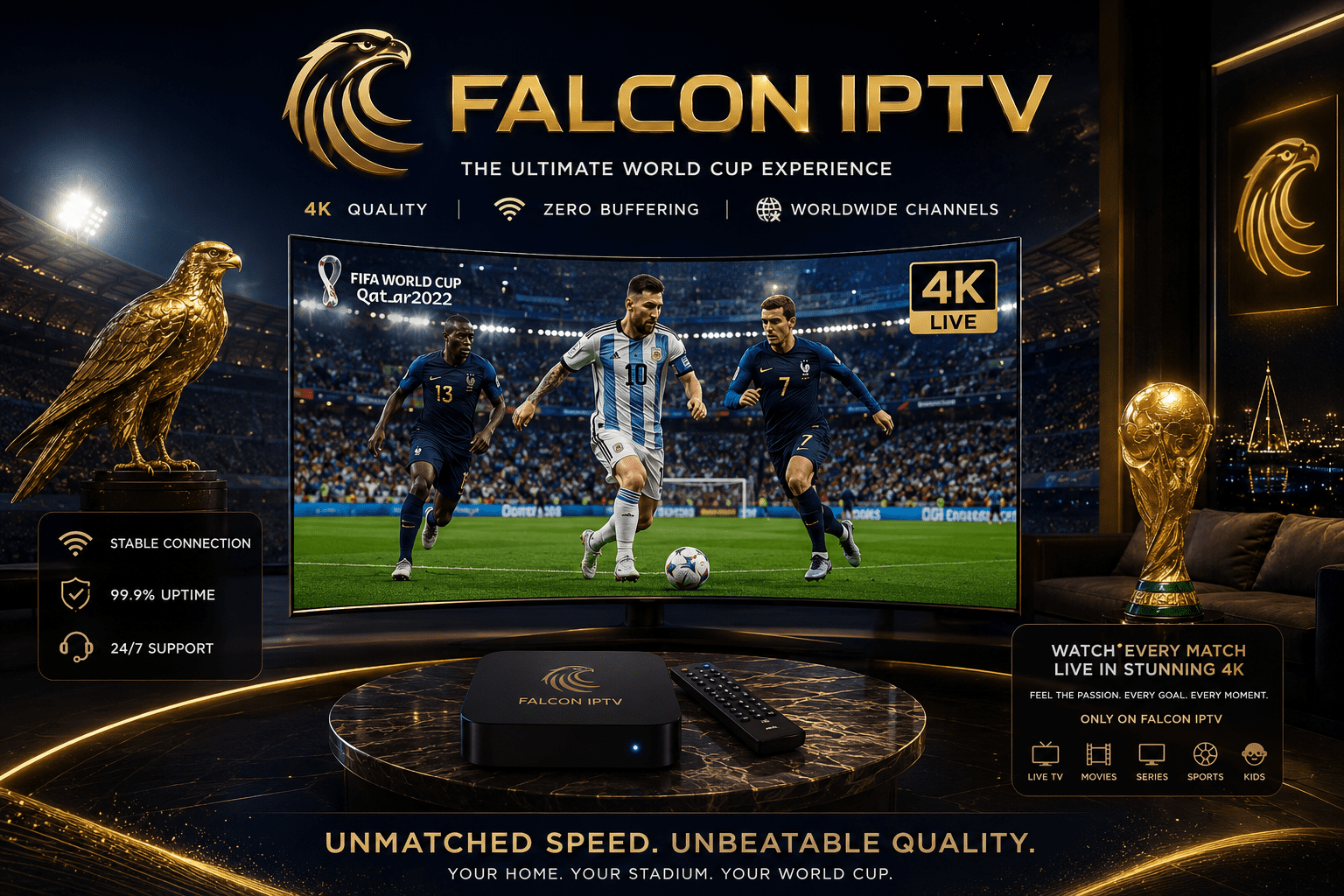 شاشة تلفزيون تعرض مباراة كأس العالم بدقة 4K مع جهاز استقبال Falcon IPTV، تجربة بث مباشر مستقرة وبدون تقطيع.