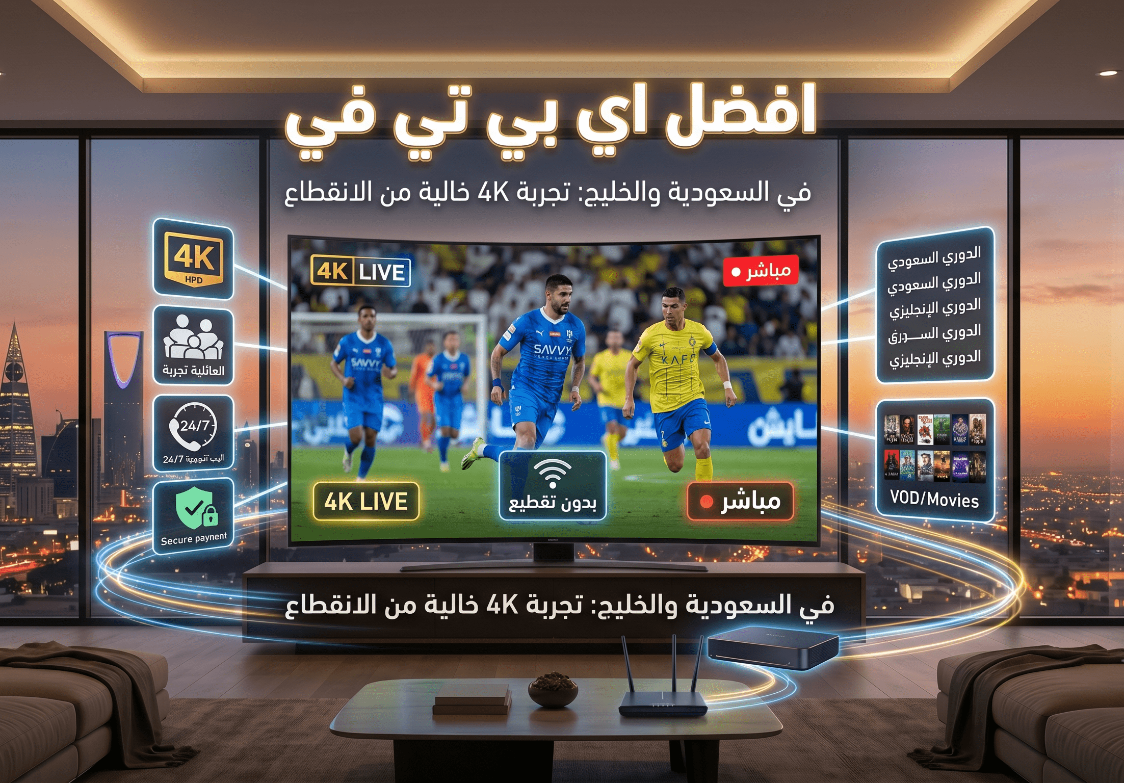 شاشة ذكية تعرض بث مباشر لمباراة بدقة 4K تمثل أفضل اشتراك IPTV في السعودية والخليج