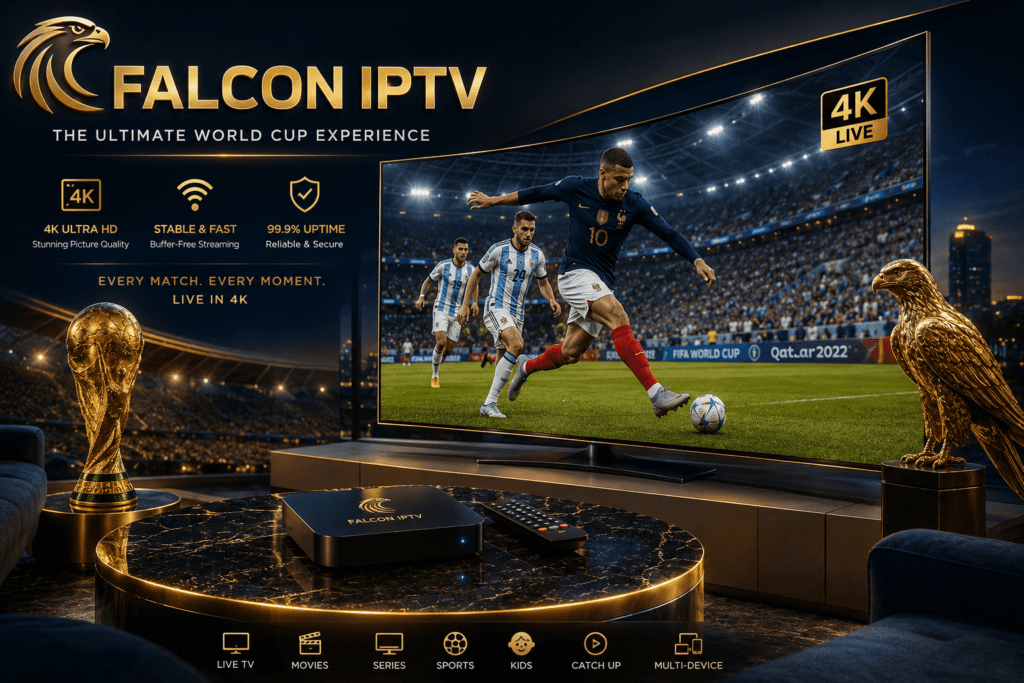 شاشة ذكية تعرض مباراة كأس العالم بدقة 4K عبر اشتراك فالكون IPTV في السعودية.