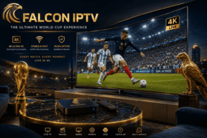 شاشة ذكية تعرض مباراة كأس العالم بدقة 4K عبر اشتراك فالكون IPTV في السعودية.