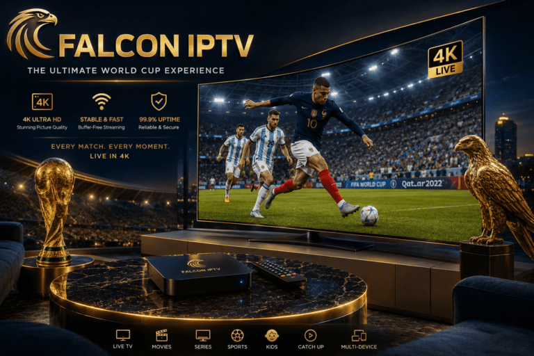 شاشة ذكية تعرض مباراة كأس العالم بدقة 4K عبر اشتراك فالكون IPTV في السعودية.