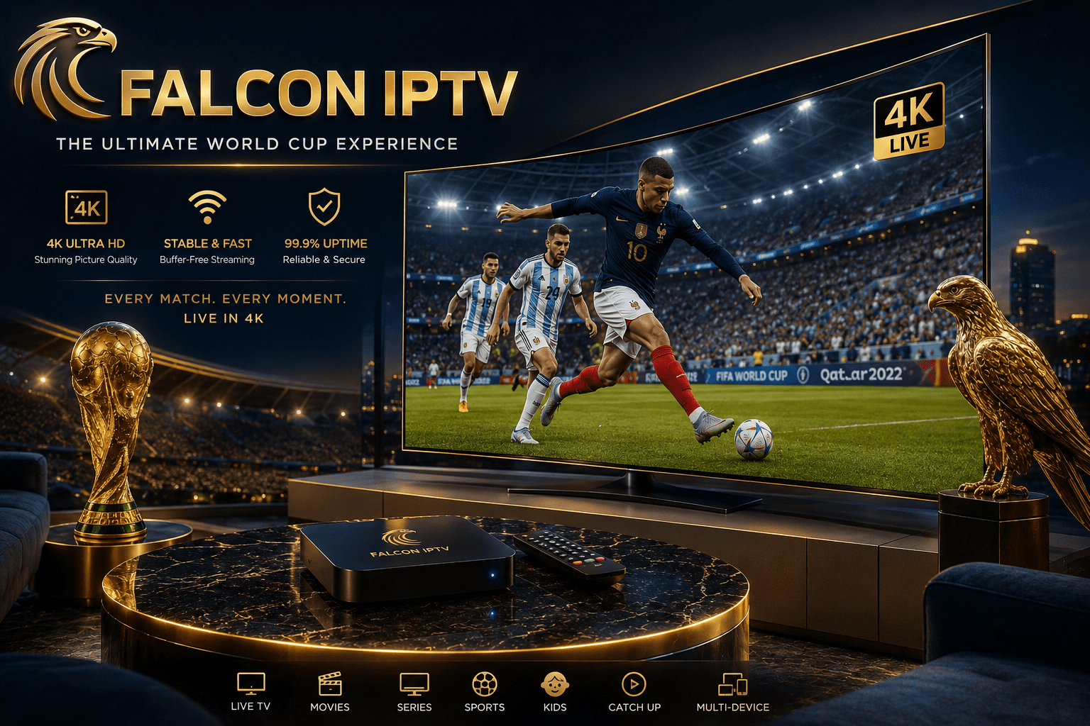 شاشة ذكية تعرض مباراة كأس العالم بدقة 4K عبر اشتراك فالكون IPTV في السعودية.