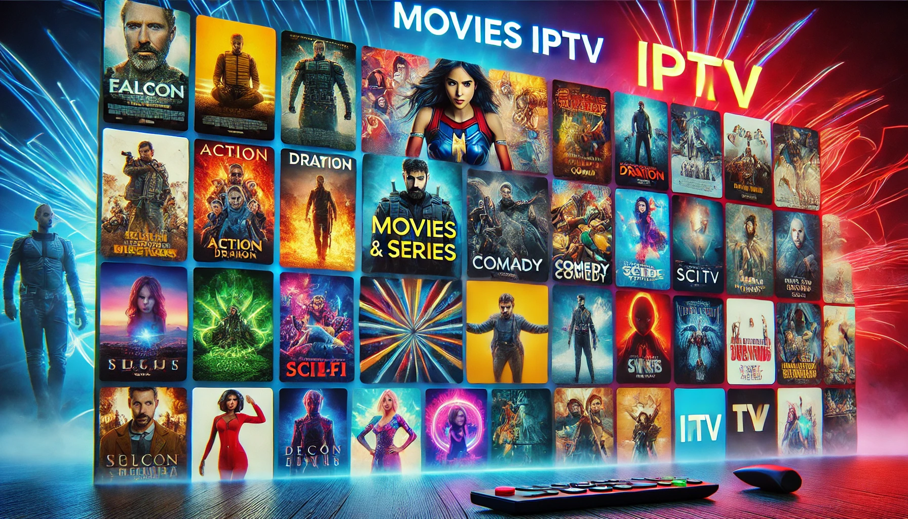 عرض مكتبة أفلام ومسلسلات Falcon IPTV مع تصنيفات مثل الأكشن