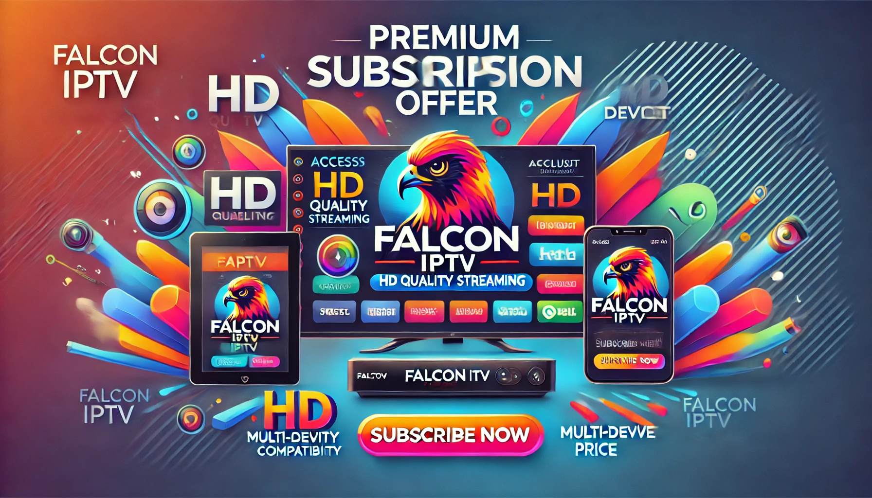 بانر عرض الاشتراك المميز لـ Falcon IPTV مع مزايا الاشتراك مثل الوصول إلى البث عالي الجودة والتوافق مع أجهزة متعددة