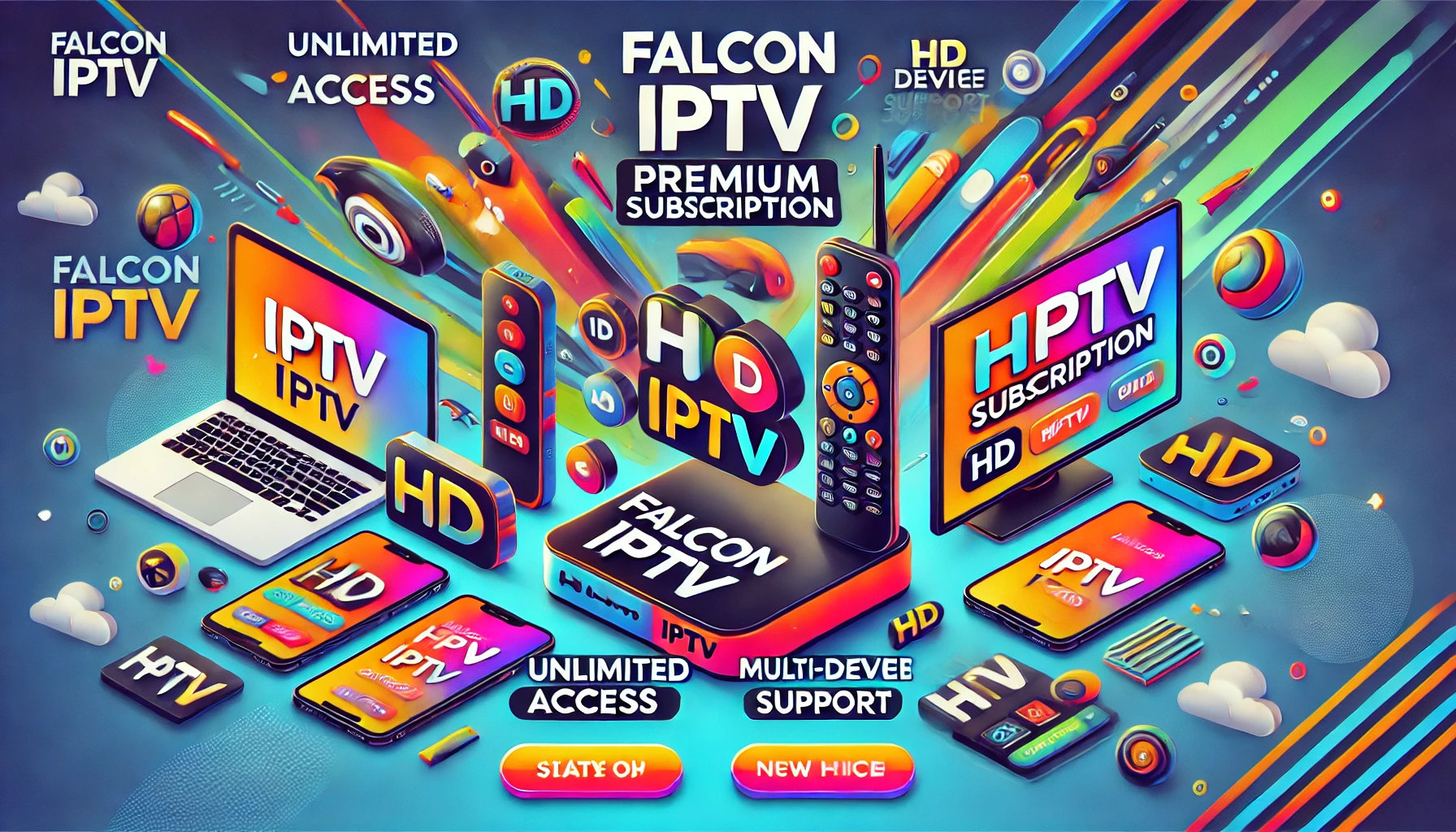 Promotional banner for Falcon IPTV's premium subscription offer with multiple devices