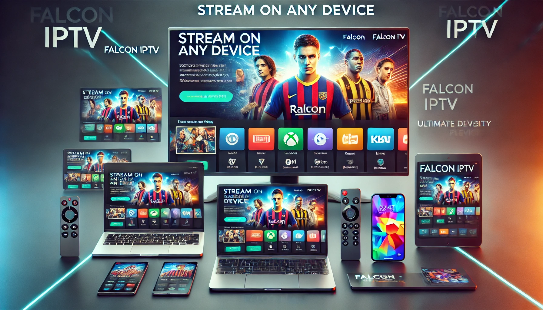 تصميم بانر يوضح توافق خدمة Falcon IPTV مع مختلف الأجهزة