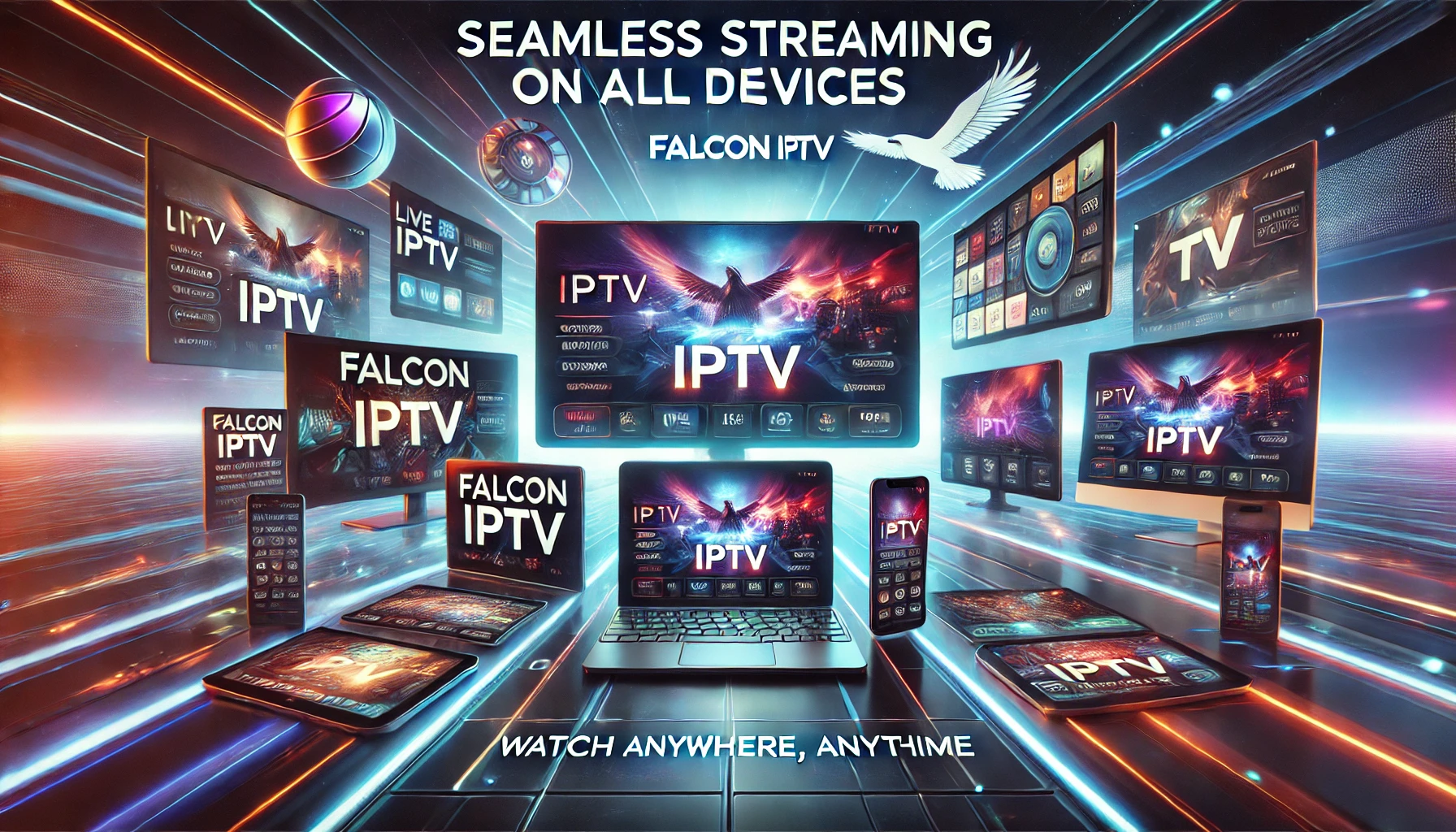 بانر مستقبلي للموقع يُظهر قدرات بث Falcon IPTV على أجهزة متعددة مثل Smart TV والهواتف الذكية والأجهزة اللوحية