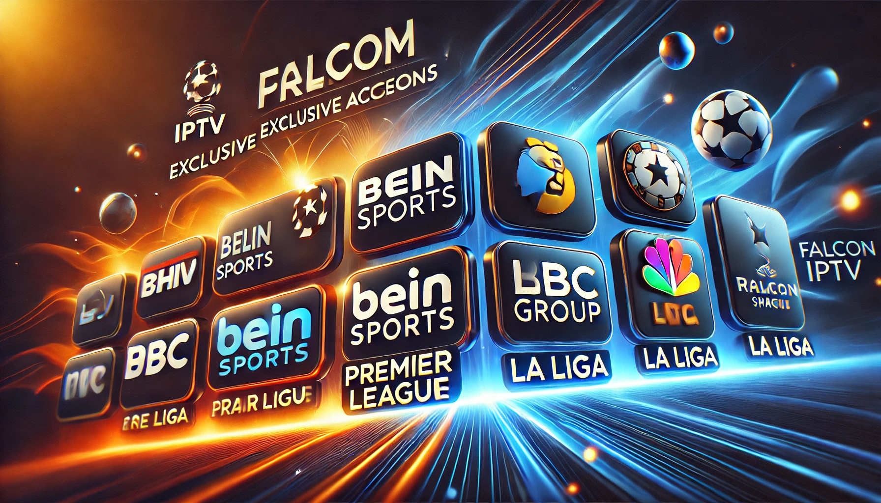 بانر أنيق وجذاب يعرض قنوات Premium لـ Falcon IPTV مثل beIN Sports وShahid Premier League وLa Liga وMBC Group