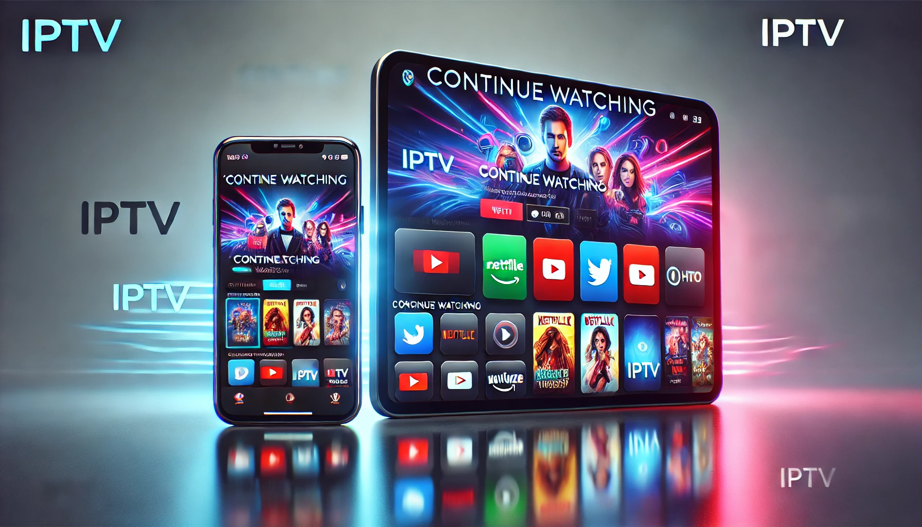 IPTV streaming interface on smartphone and tablet with popular shows