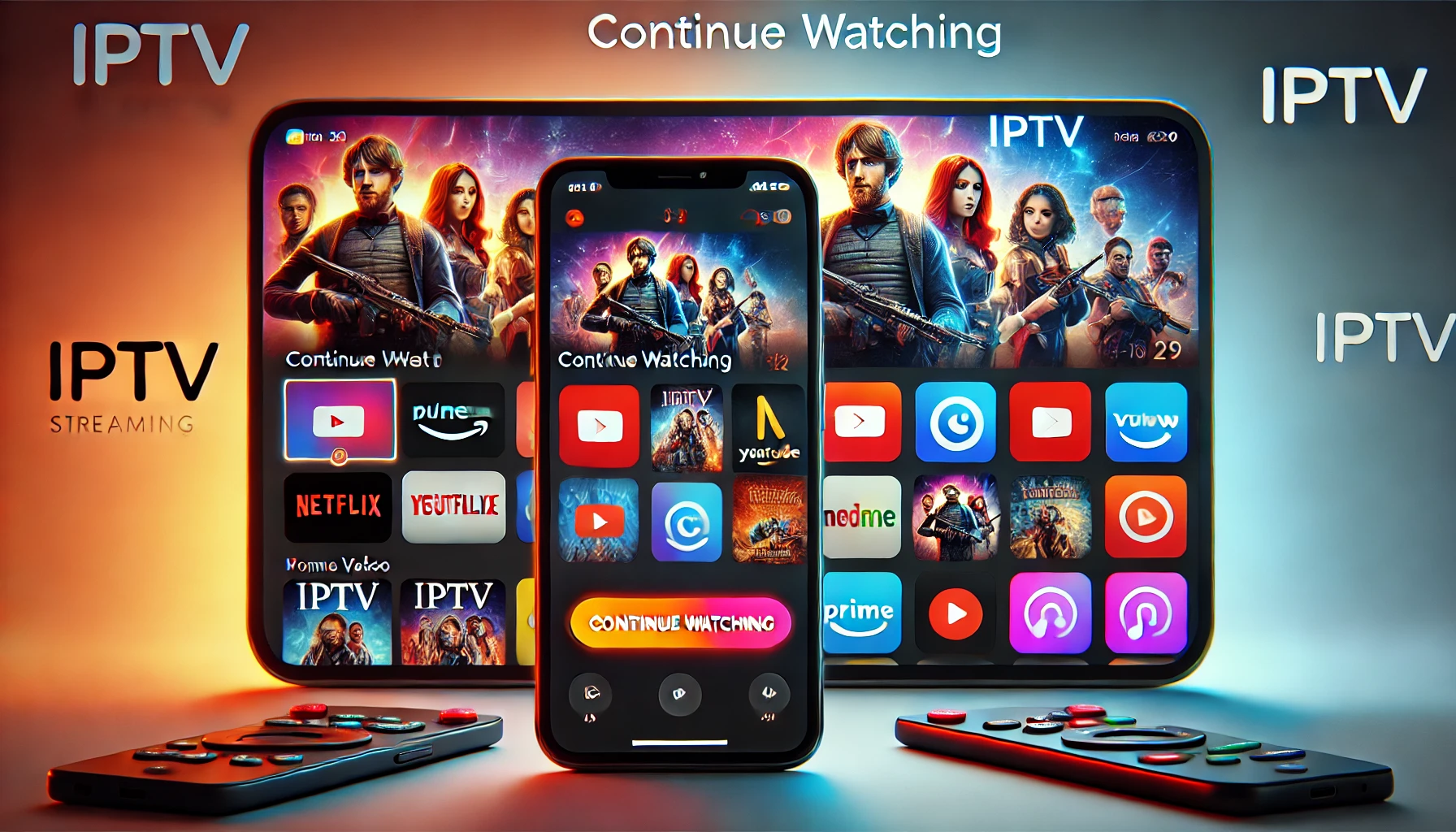 IPTV streaming interface displaying a 'Continue Watching' section on multiple devices