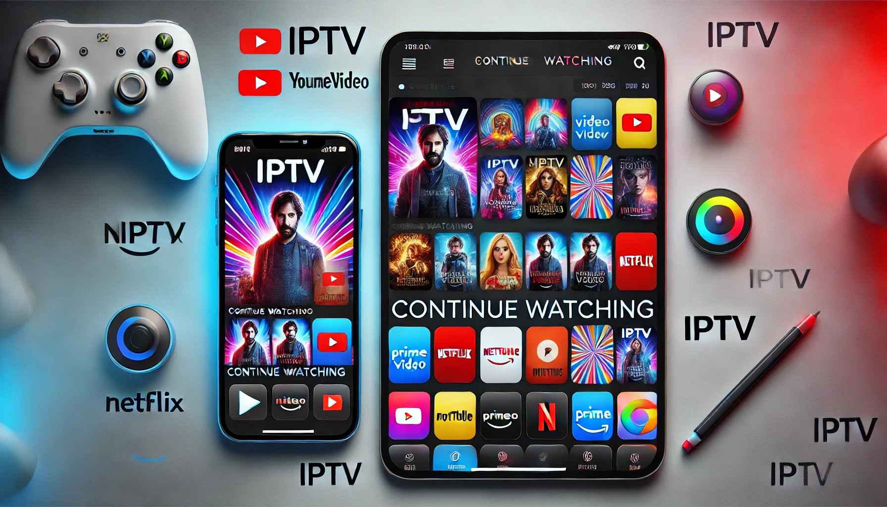 IPTV streaming interface on smartphone and tablet inspired by Netflix and Prime Video